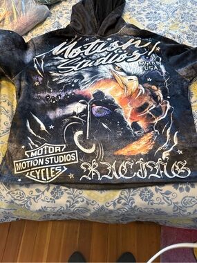 Motion Studios Men’s Black Graphic Hoodie - Eagle & Motorcycle Design